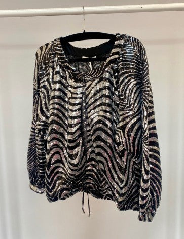 Malissa J Silver Sequin Bomber Jacket with Drawstring Detail