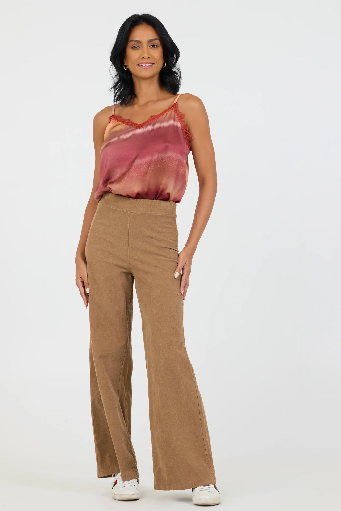 Ziggy Wide Leg Stretch Baby Cord Trousers | Caramel