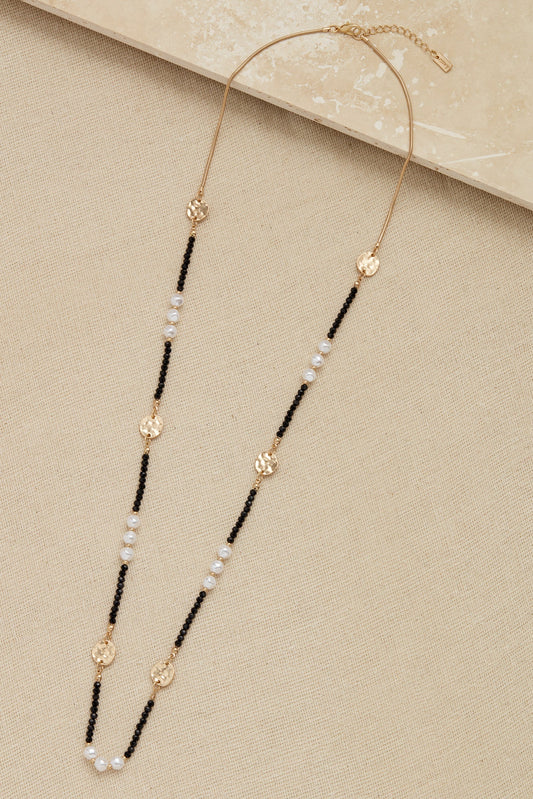 Envy long black, gold and pearl beaded necklace