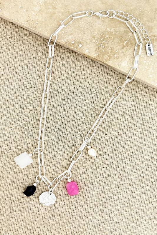 Envy Short silver necklace with pink black and white charms