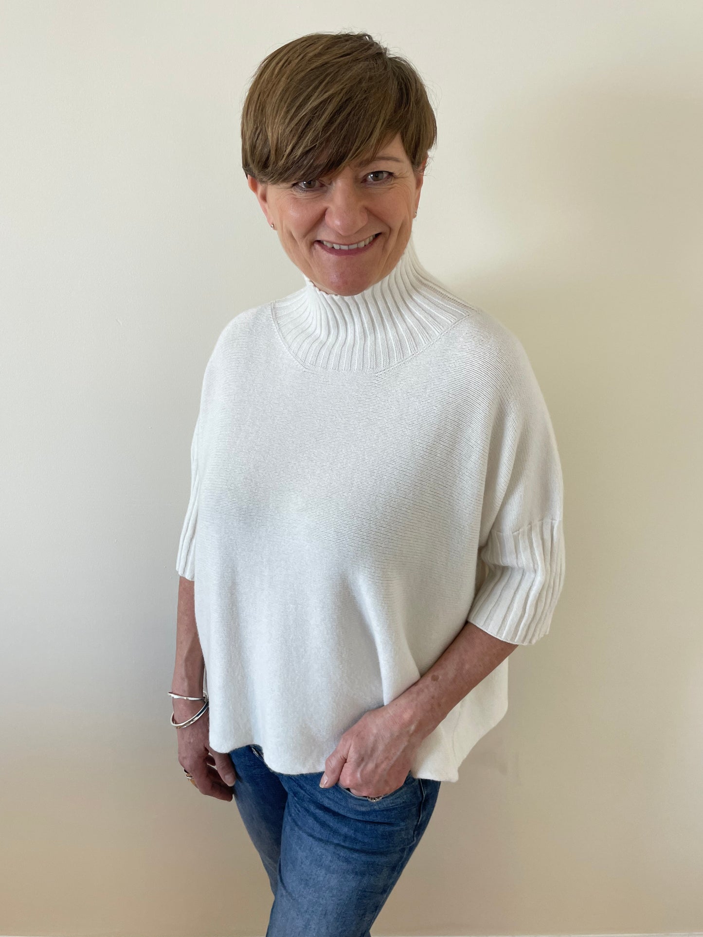 Turtle Neck Boxy 3/4 Sleeve Knitted Jumper Cream