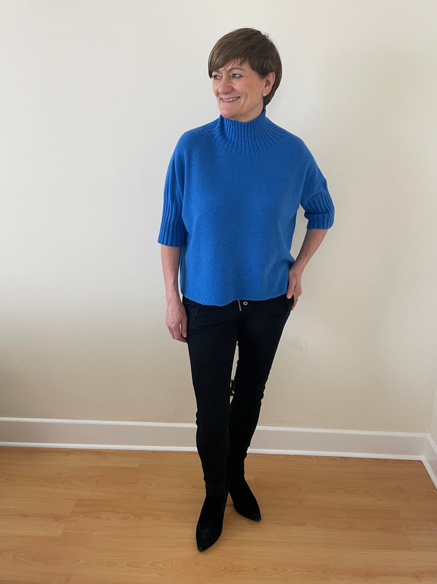 Turtle-Neck Boxy 3/4 Sleeve Knitted Jumper | Cobalt Blue