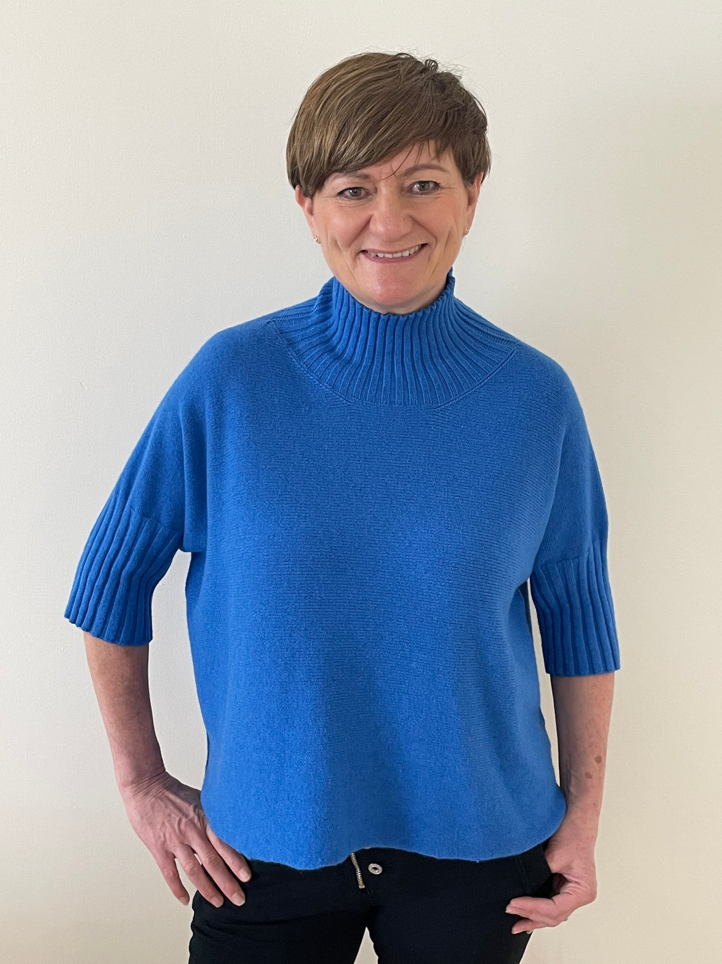 Turtle-Neck Boxy 3/4 Sleeve Knitted Jumper | Cobalt Blue