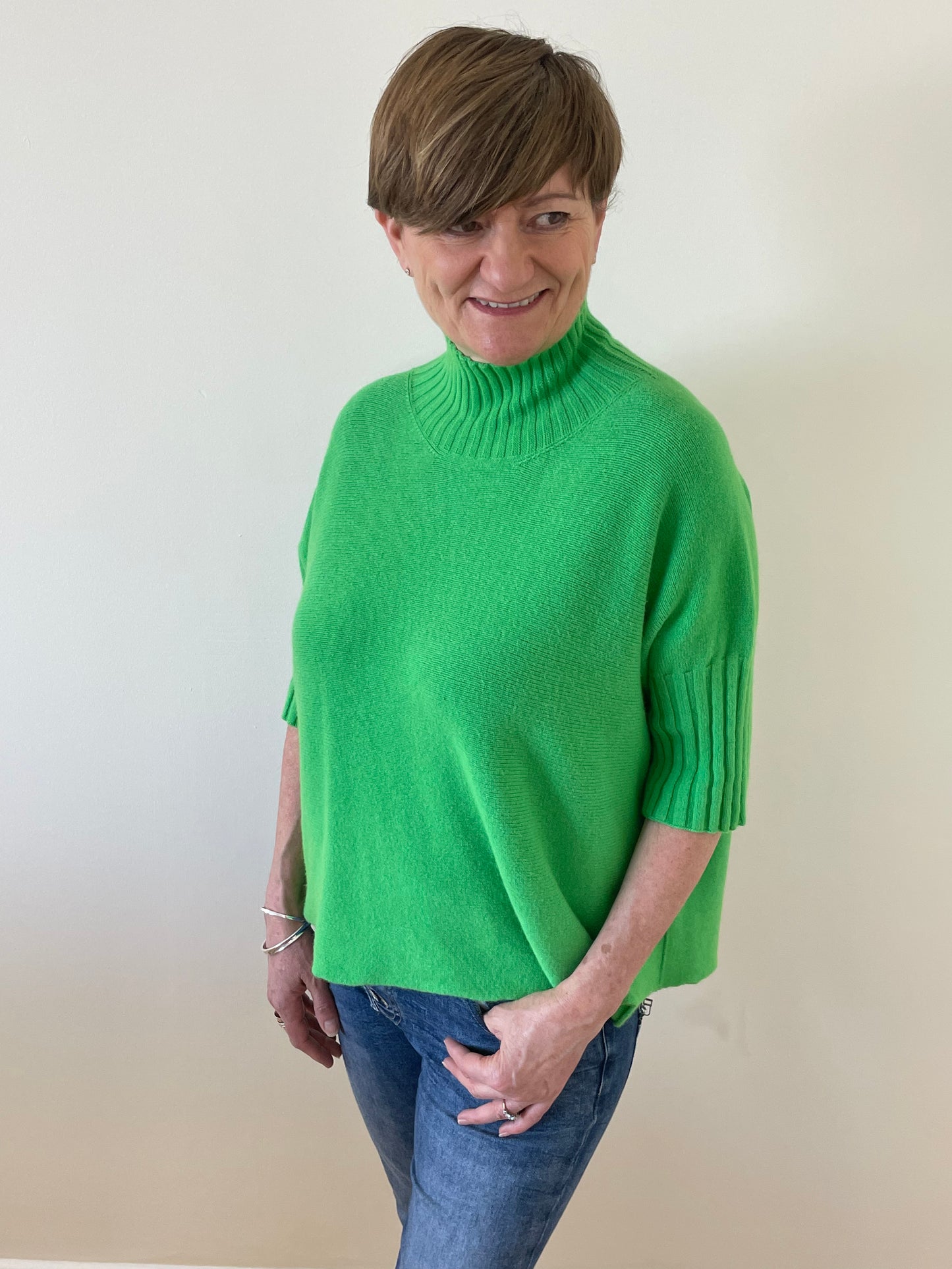 Turtle-Neck Boxy 3/4 Sleeve Knitted Jumper | Green