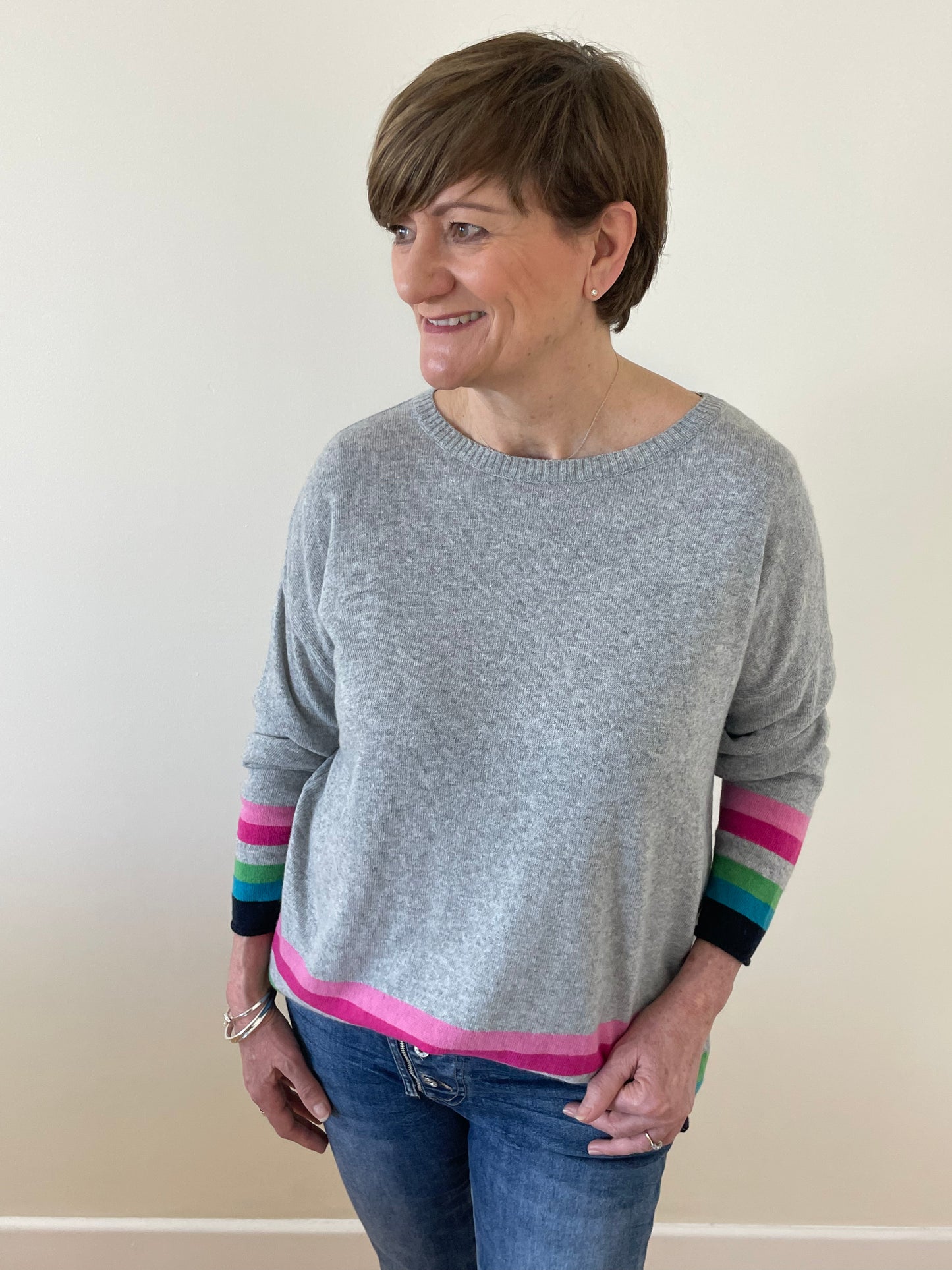 Cashmere Mix Jumper with Rainbow Stripes | Grey