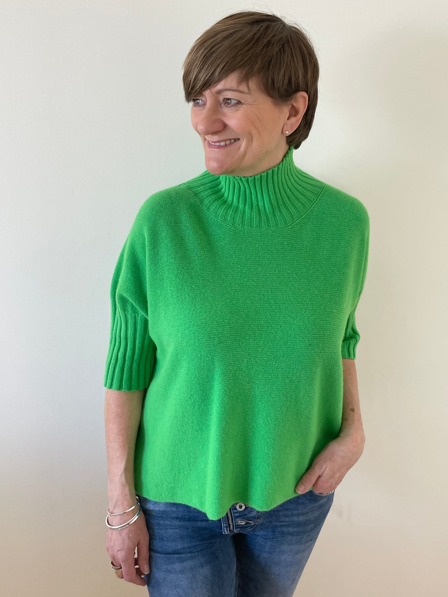 Turtle-Neck Boxy 3/4 Sleeve Knitted Jumper | Green