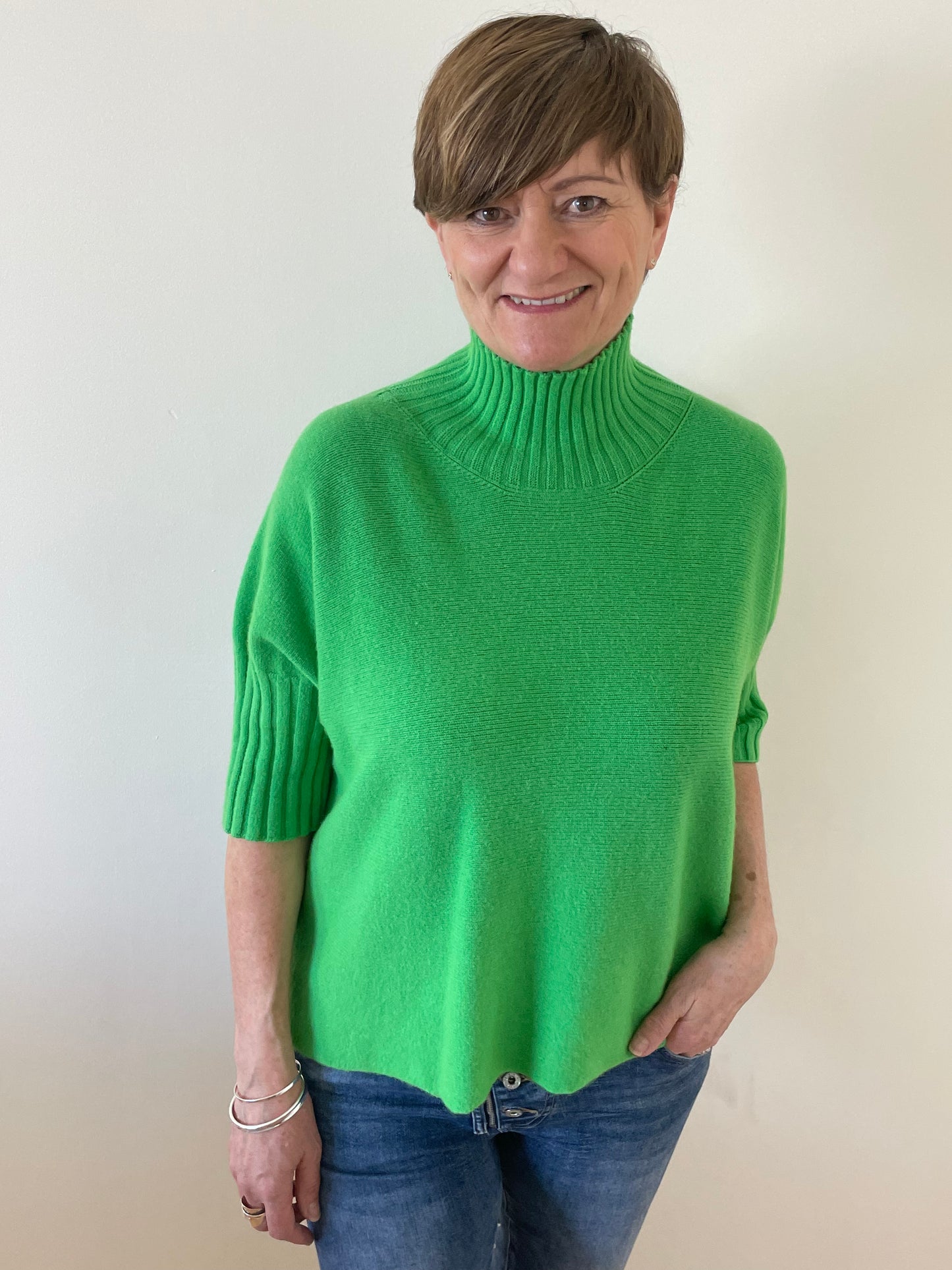 Green Turtle-Neck 3/4 Sleeve Knitted Jumper