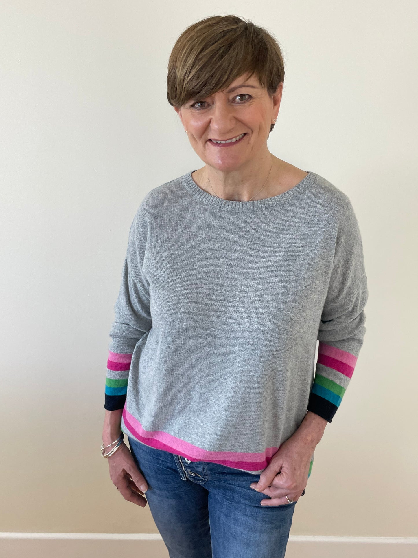 Cashmere Mix Jumper with Rainbow Stripes | Grey