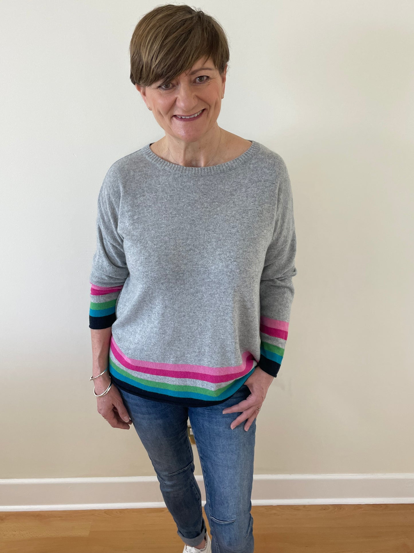 Cashmere Mix Jumper with Rainbow Stripes | Grey