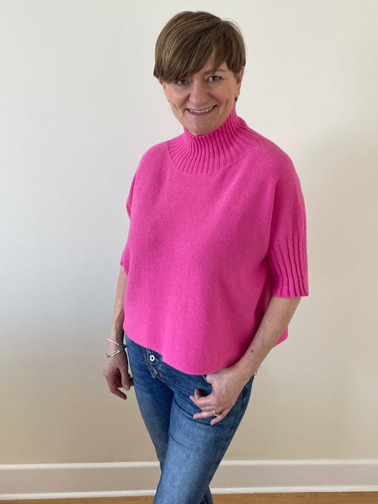 Turtle Neck Boxy 3/4 Sleeve Knitted Jumper Hot Pink