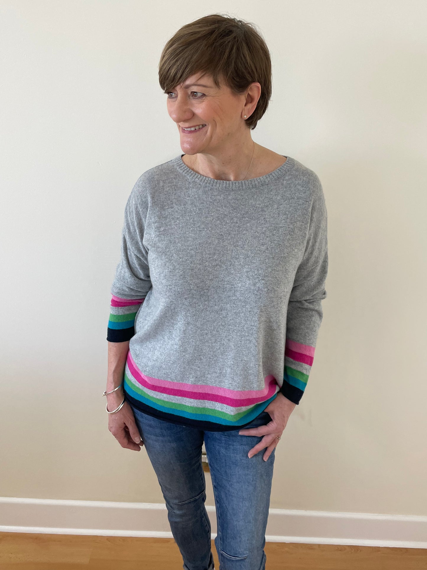 Cashmere Mix Jumper with Rainbow Stripes | Grey