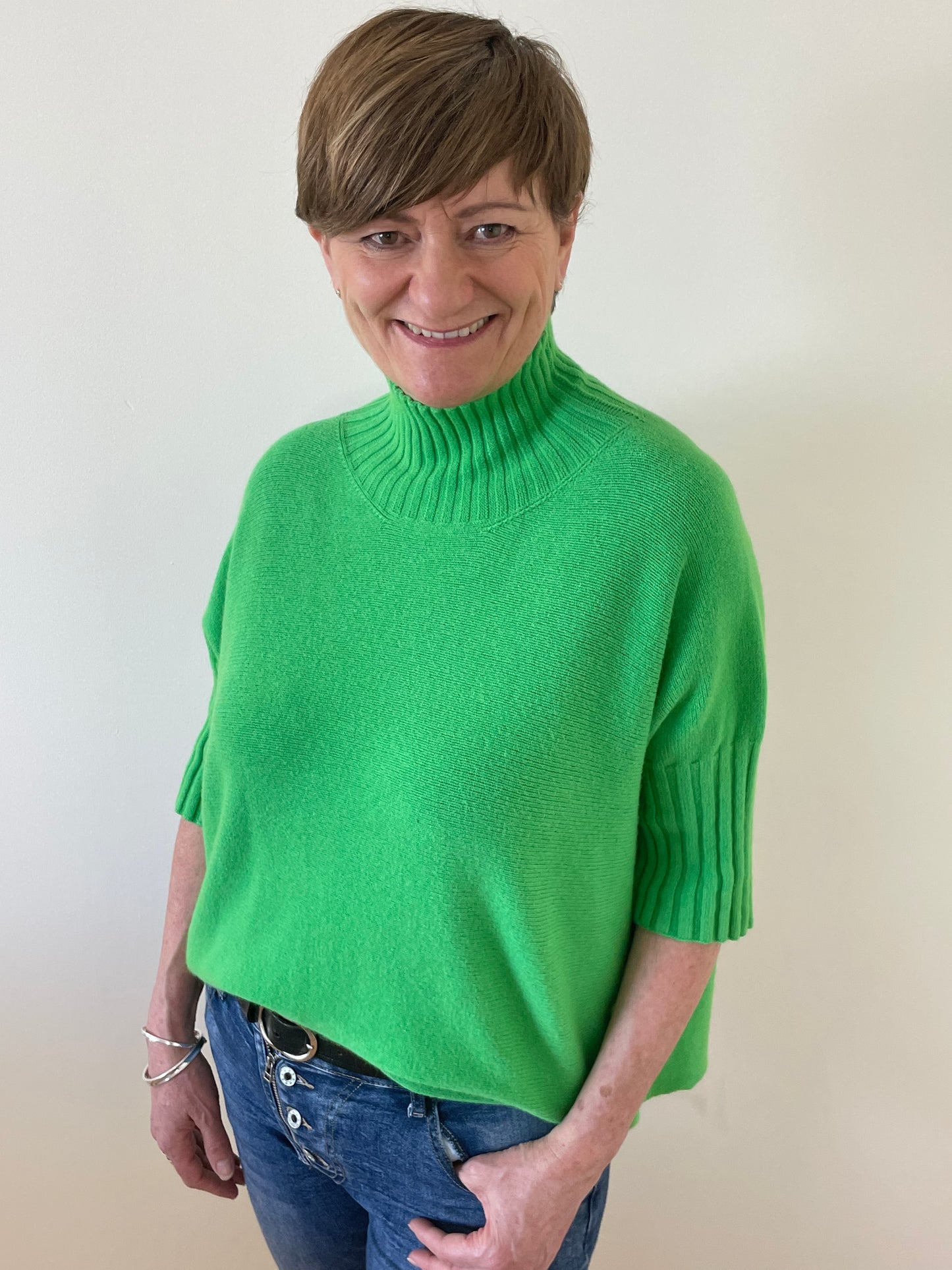 Turtle-Neck Boxy 3/4 Sleeve Knitted Jumper | Green