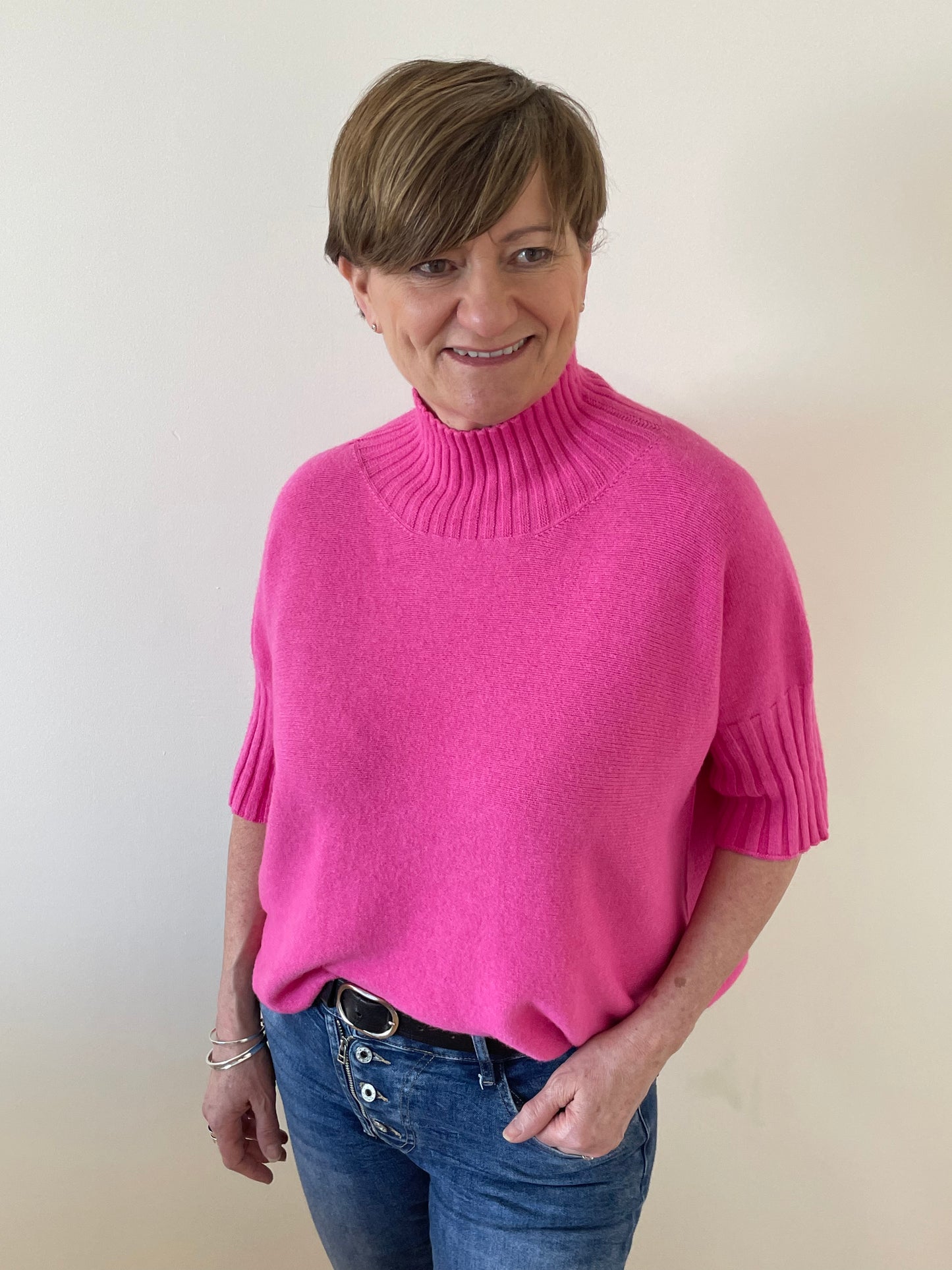 Turtle-Neck Boxy 3/4 Sleeve Knitted Jumper | Fuchsia