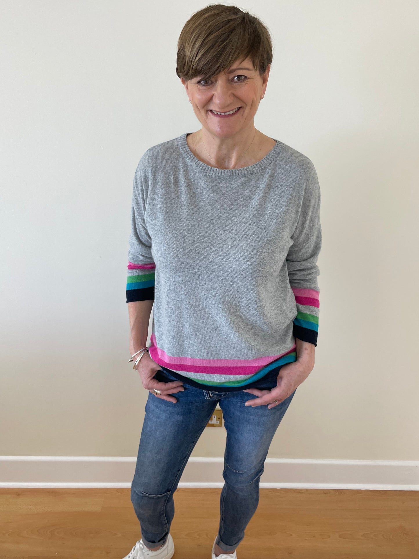 Cashmere Mix Jumper with Rainbow Stripes | Grey