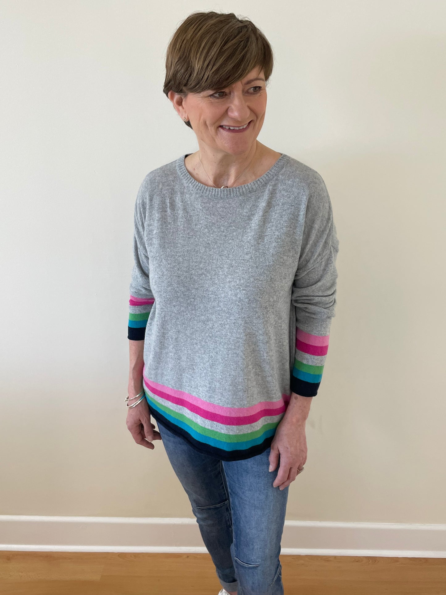 Cashmere Mix Jumper with Rainbow Stripes | Grey