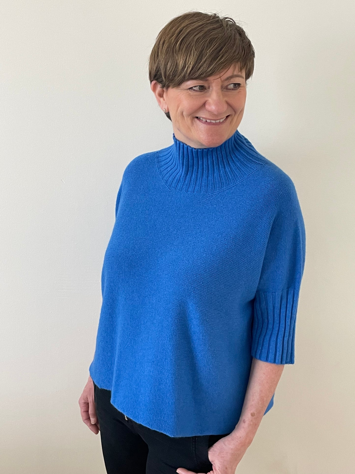 Turtle-Neck Boxy 3/4 Sleeve Knitted Jumper | Cobalt Blue