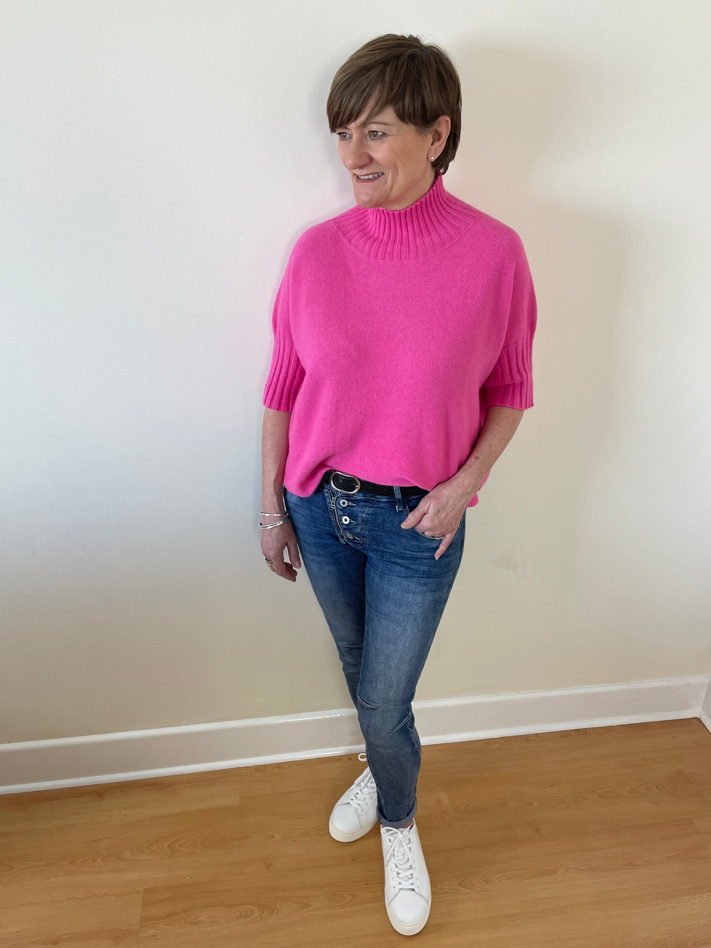 Turtle-Neck Boxy 3/4 Sleeve Knitted Jumper | Fuchsia