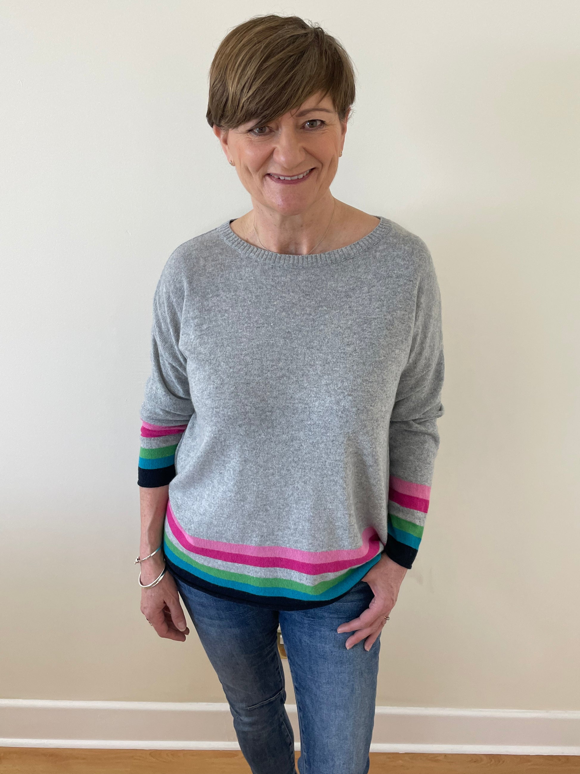 Grey Cashmere Mix Jumper with Rainbow stripes