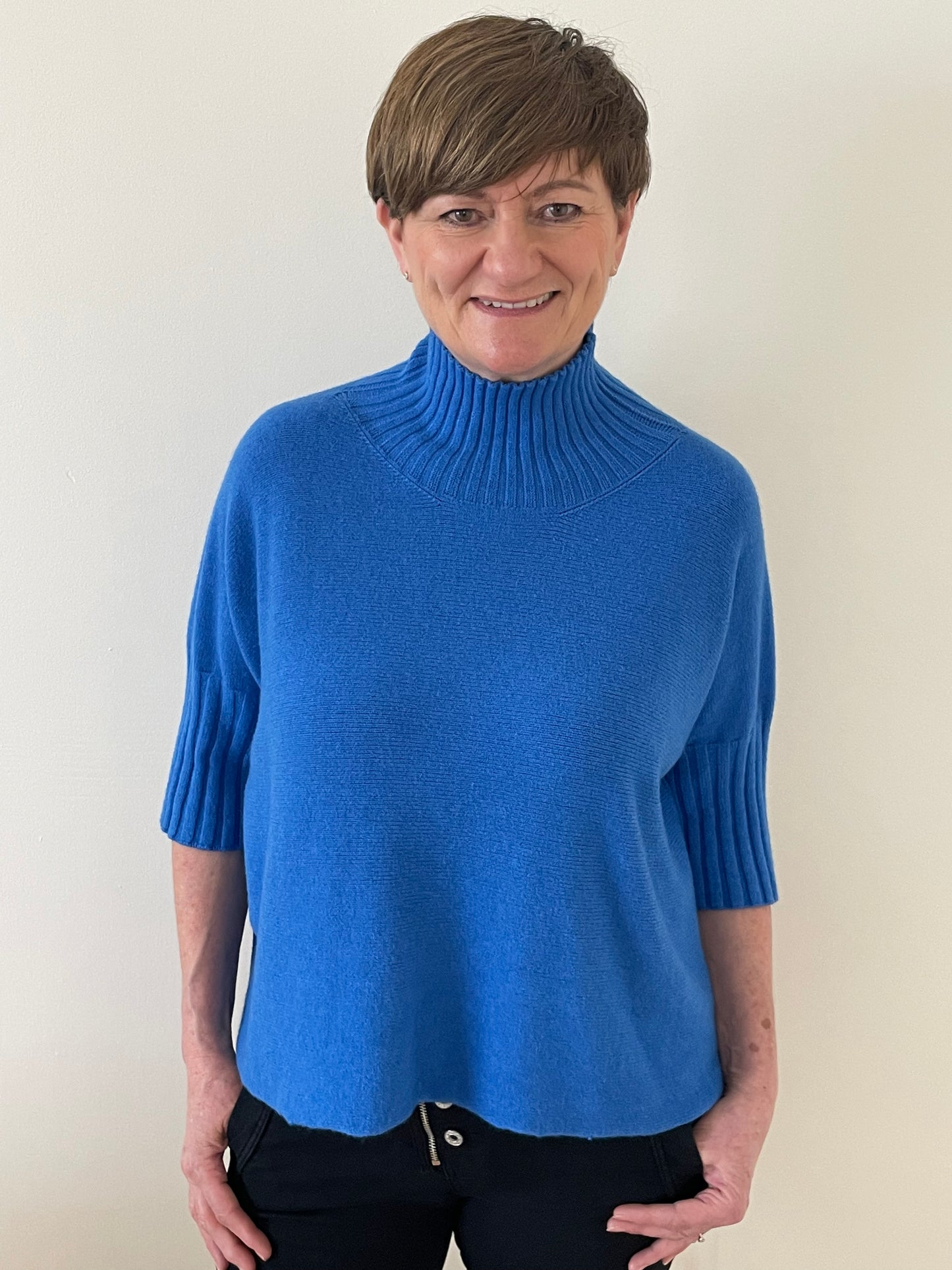 Turtle Neck Boxy 3/4 Sleeve Knitted Jumper Royal Blue