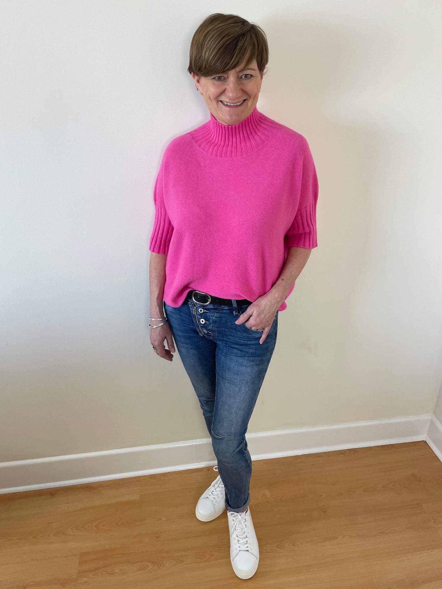 Turtle-Neck Boxy 3/4 Sleeve Knitted Jumper | Fuchsia