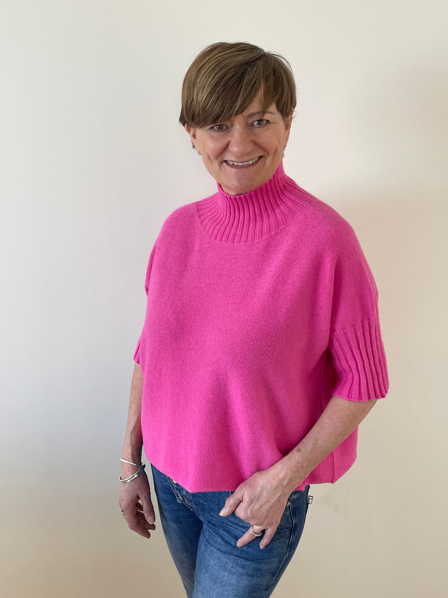 Turtle-Neck Boxy 3/4 Sleeve Knitted Jumper | Fuchsia