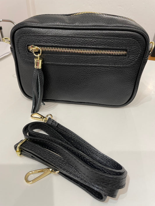 Black 100% Leather Cross Body Bag 