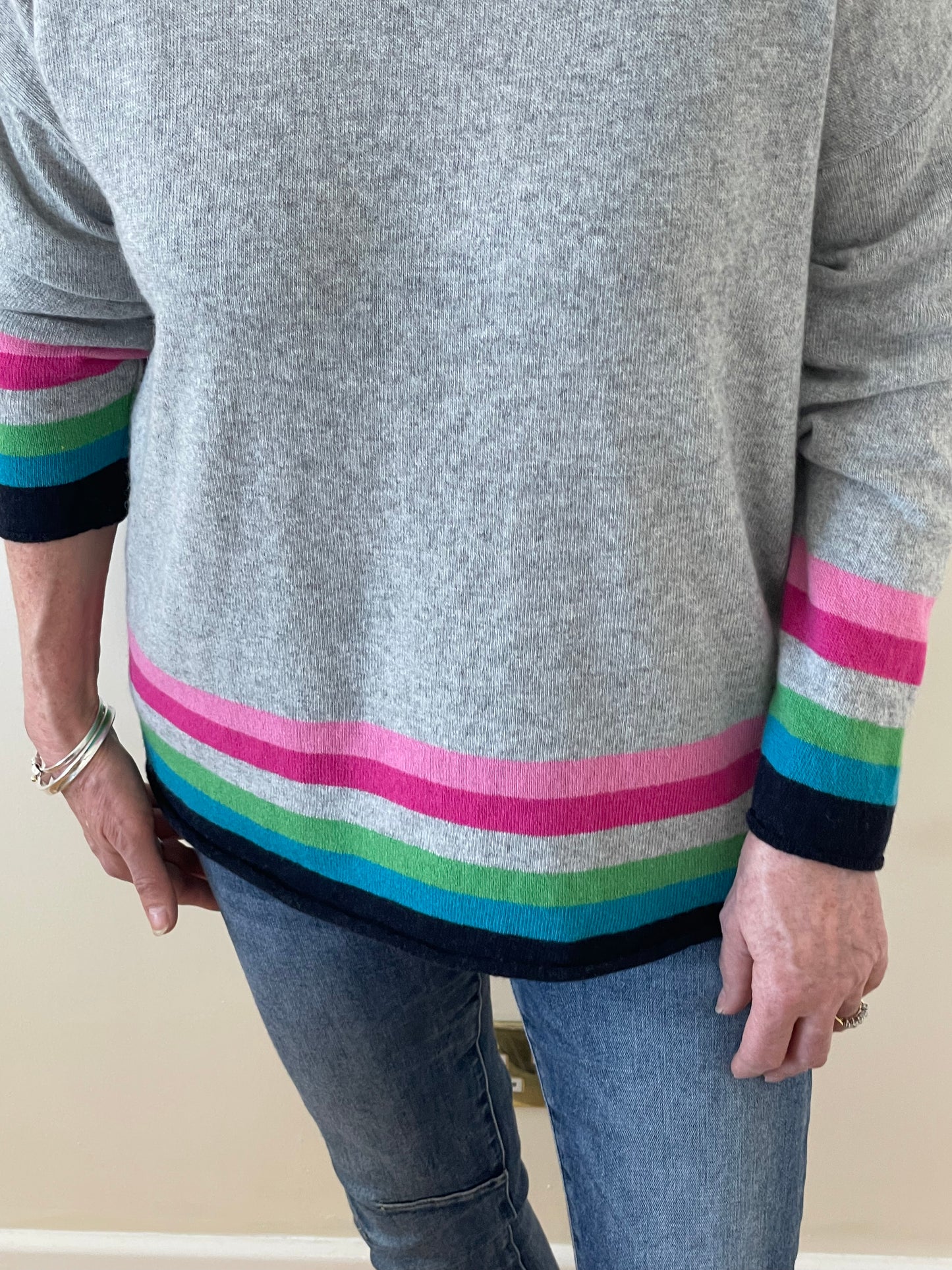 Cashmere Mix Jumper with Rainbow Stripes | Grey