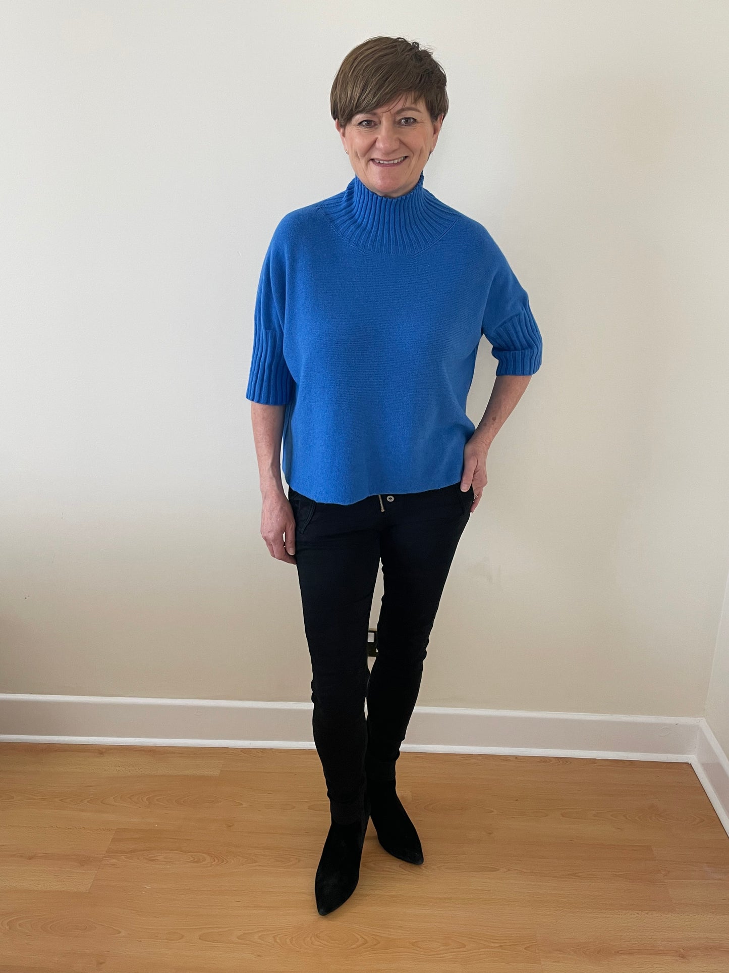 Turtle-Neck Boxy 3/4 Sleeve Knitted Jumper | Cobalt Blue